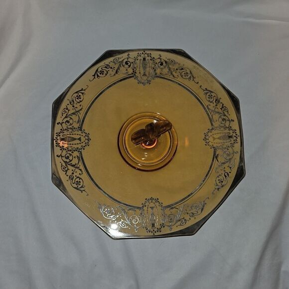 CAMBRIDGE AMBER GLASS Serving Sandwich Tray!  Art Deco Design,Sterling Etching! - Picture 3 of 9
